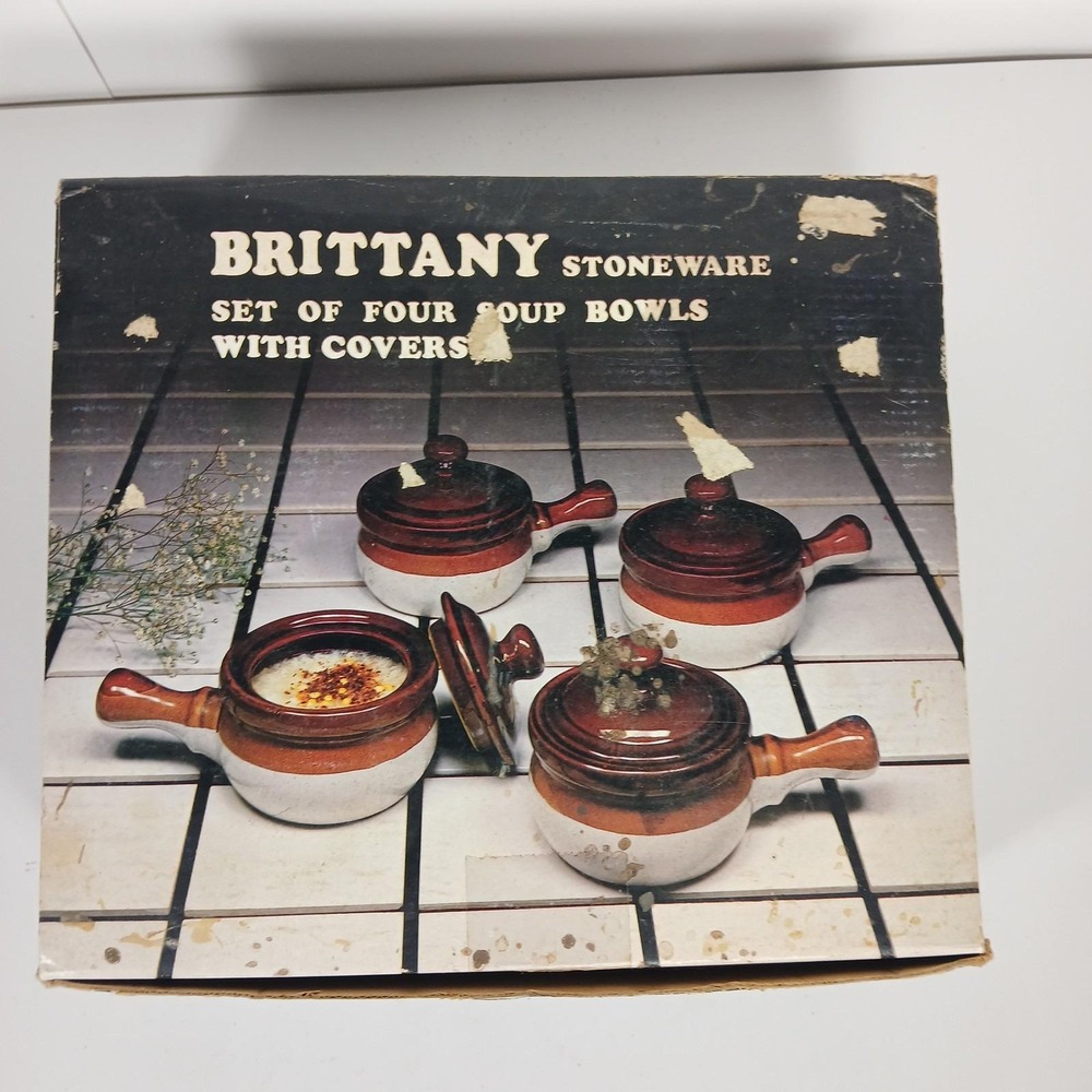 Vtg  Brittany Stoneware French Onion Soup Crocks/Bowls w/Lids & Handle Set of 4